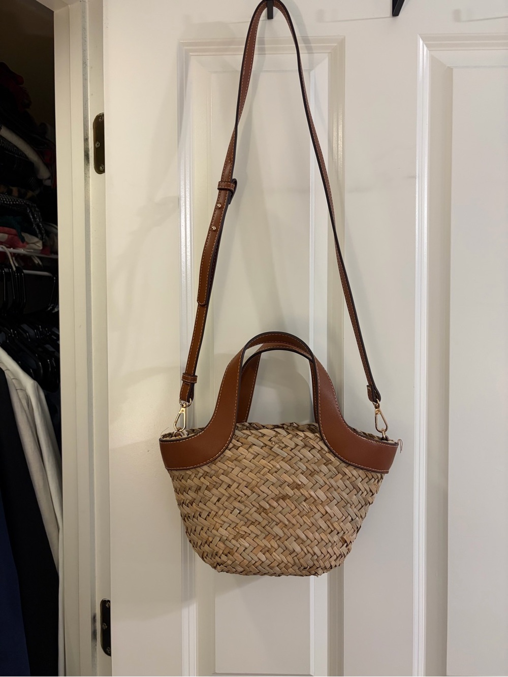 Mango Woven Straw Crossbody Bag with Brown Leather Trim